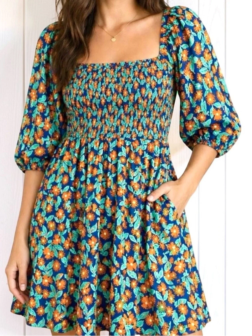 NWT Melloday Smocked Puff Sleeve Floral Mini Dress Navy Orange With Pockets M